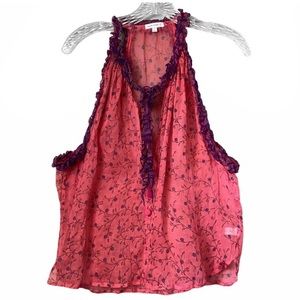 Poupette St Barth Pom Pom Ruffle Floral Sheer Top